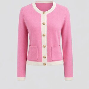 Women's Pink and Cream Cardigan, Gold Buttons, Size S